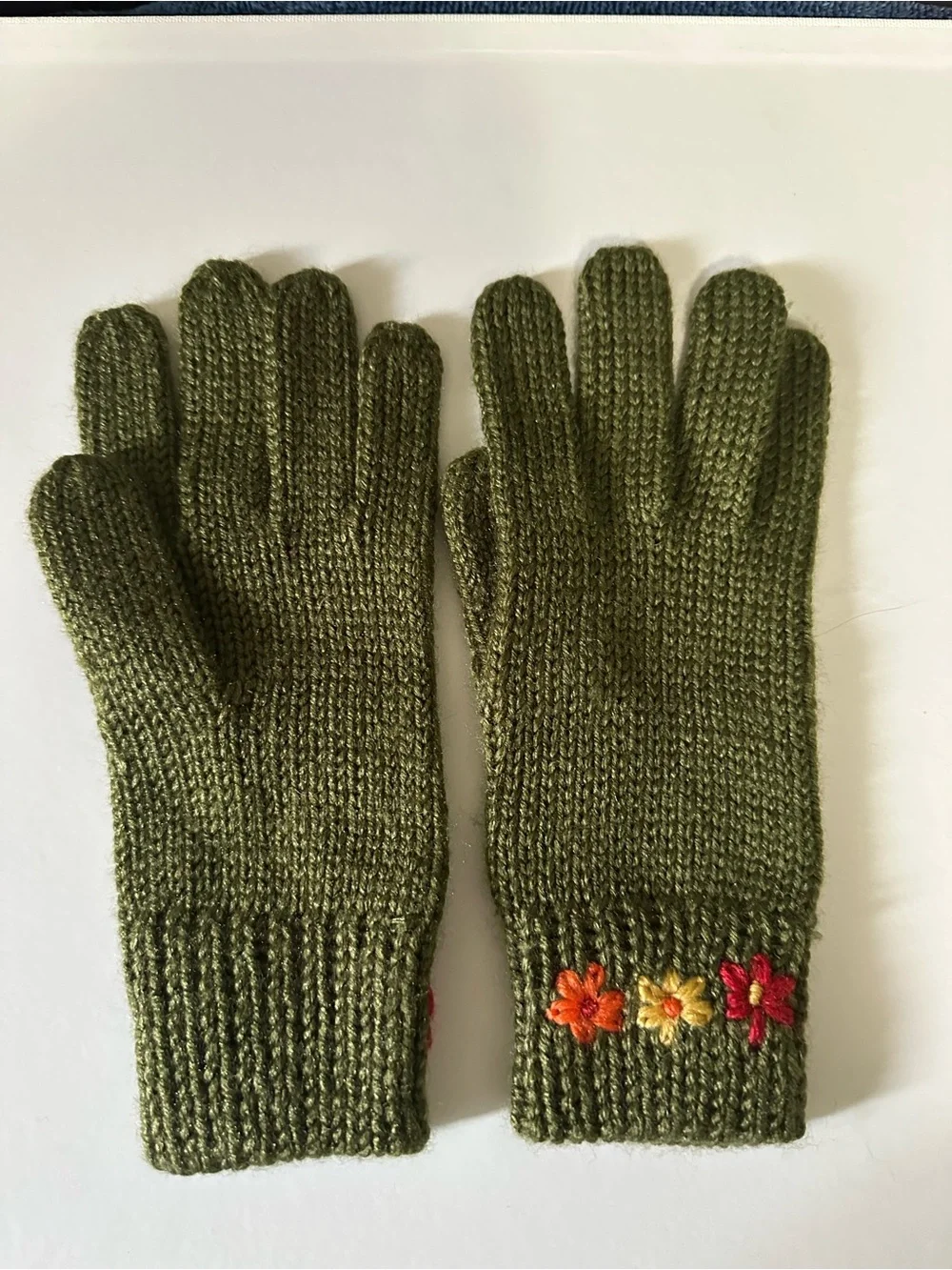 Olive Green Knit Gloves with Floral Embroidery